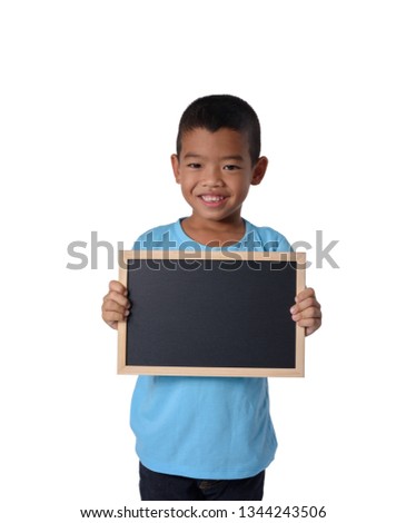 Asian Cute Country boy with blank black chalkboard  for education conceptual isolated on white background with clipping path