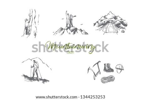 Mountaineering - sportsmen climbing mountains, camping and special equipment vector concept set. Hand drawn sketch isolated illustration
