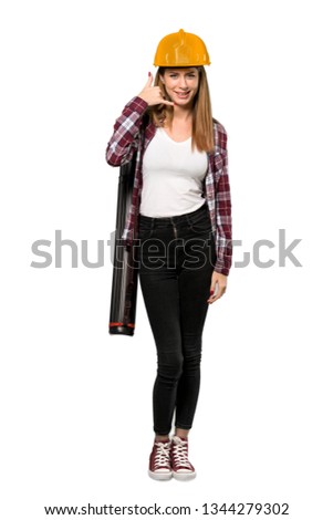 A full-length shot of a Architect woman making phone gesture. Call me back sign over isolated white background