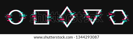 Vector geometric shapes frames with glitch effect. Circle, square, triangle, rhombus and hexagon in distorted glitch style. Modern trendy design elements. Royalty-Free Stock Photo #1344293087