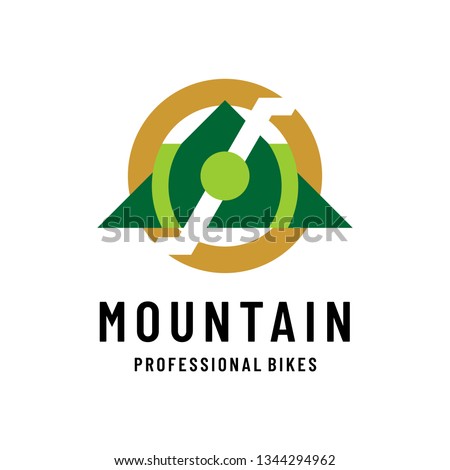 Cycling professional mountain bikes with green mountain, gold circle, and bicycle pedal logo design inspiration. Logo template for community bike, professional, and bike shop