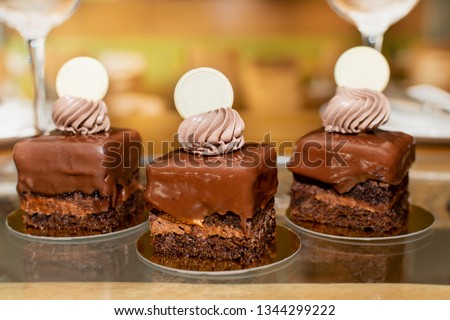 Amandina cake dessert, a chocolate, caramel and rum syrup sweet dessert