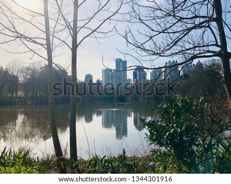 City skyline pond