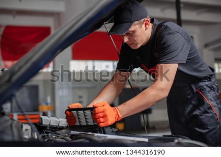 Mechanic is changing an air filter. Car hood is open. Royalty-Free Stock Photo #1344316190