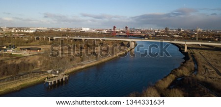 The iconic river crossing of the a19 fly over. Showing the river tees and connecting middlesbrough and stockton Royalty-Free Stock Photo #1344331634