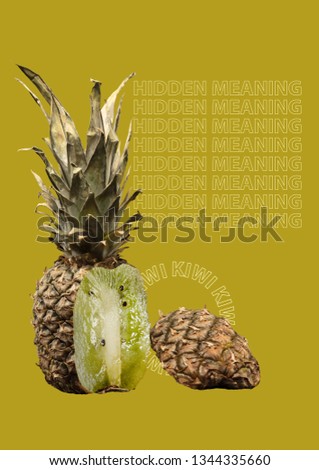 A paradox. Unusual fruit - pineapple outside anq kiwi inside. Unexpected mix. Hidden meaning concept. Tropic fruits on the dark green background with text. Modern design. Contemporary art collage.