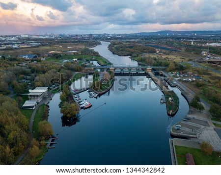 The tees barrage at sunset photo from above by a drone Royalty-Free Stock Photo #1344342842