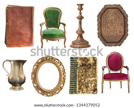 Set of 8 gorgeous old vintage items. Old books, vintage armchairs, tray, jug, picture frame isolated on white background.