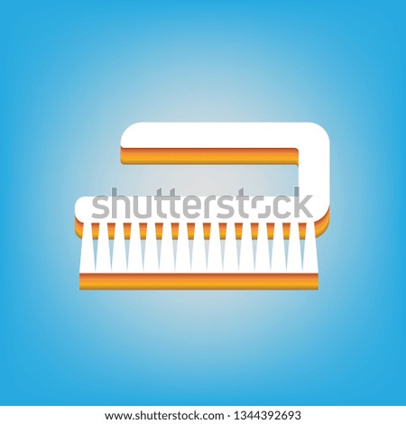 Cleaning brush hygiene tool sign. Vector. White icon with 3d warm-colored gradient body at sky blue background.
