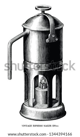 Antique engraving illustration of Espresso maker black and white clip art isolated on white background