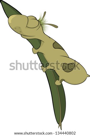 Green worm on a leaf. Cartoon