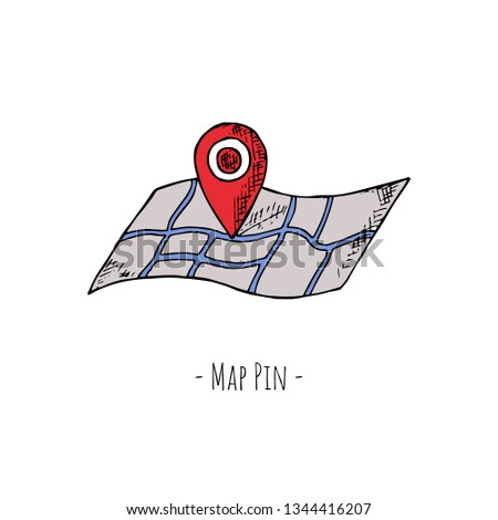 Hand-drawn isolated map pin. Vector cartoon illustration. Isolated object on a white background.