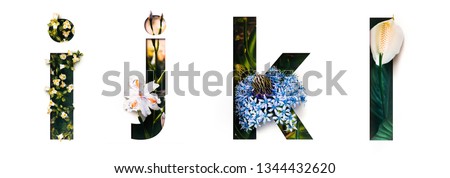 Flower font letter i, j, k, l Create with real alive flowers and Precious paper cut shape of alphabet. Collection of brilliant bloom flora font for your unique text, typography with many concept ideas Royalty-Free Stock Photo #1344432620