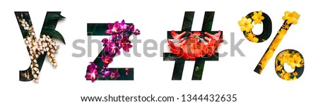 Flower font letter y, z, #, % Create with real alive flowers and Precious paper cut shape of alphabet. Collection of brilliant bloom flora font for your unique text, typography with many concept ideas Royalty-Free Stock Photo #1344432635