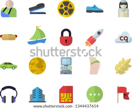 Color flat icon set hot dog flat vector, radiation, electric cars, carbon dioxide, SIM card, rocket, sailboat, injury, nurse, office building, stapler, moon, computer, sneakers, buttocks, lock, chat