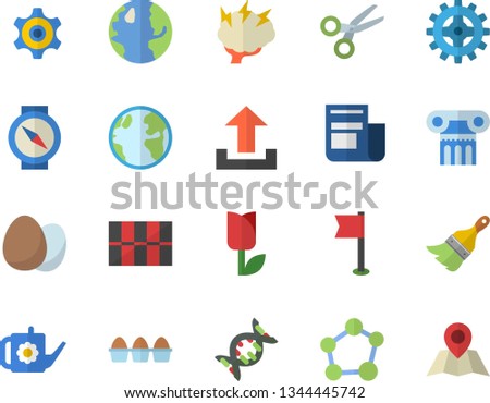 Color flat icon set paint brush flat vector, tile, egg, watering can, tulip, earth, cogwheel, news, molecule, brainstorm, dna, sports flag, antique column fector, compass, scissors, upload, location