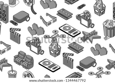 Seamless black and white pattern. Cinema icons. Popcorn, 3d eyeglasses, tickets, online movie. Isometric flat 3d texture