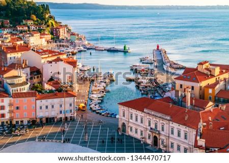 View from George's tower on Piran old town with Tartini main square and Adriatic sea. Slovenia. Royalty-Free Stock Photo #1344470717