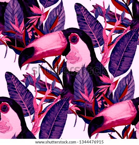 Watercolor seamless pattern with toucan. Exotic botanical jungle wallpaper. Jungle pattern. Summer tropical illustration. Seamless abstract wild exotic animal print. Cute cartoon wild animal.