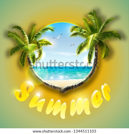 Beautiful tropical beach.Sea panorama.Sea, seagulls, palm trees, the beach. Poster.