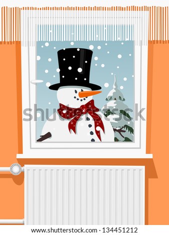Winter scene from the snowman through window, illustration