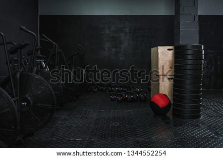 Empty gym with crossfit equipment. Copy space.