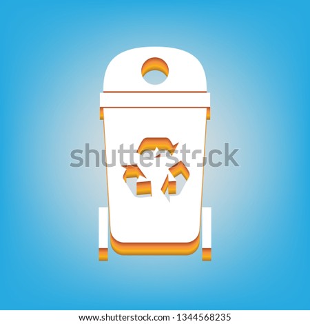 Trashcan sign illustration. Vector. White icon with 3d warm-colored gradient body at sky blue background.