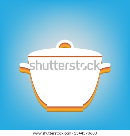 Saucepan simple sign. Vector. White icon with 3d warm-colored gradient body at sky blue background.