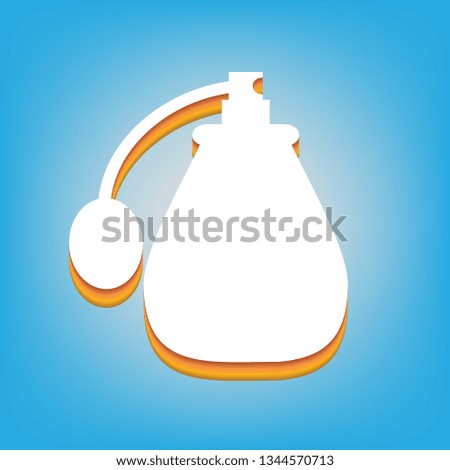 Perfume icon. Vector. White icon with 3d warm-colored gradient body at sky blue background.