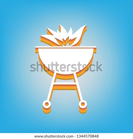 Barbecue with fire sign. Vector. White icon with 3d warm-colored gradient body at sky blue background.