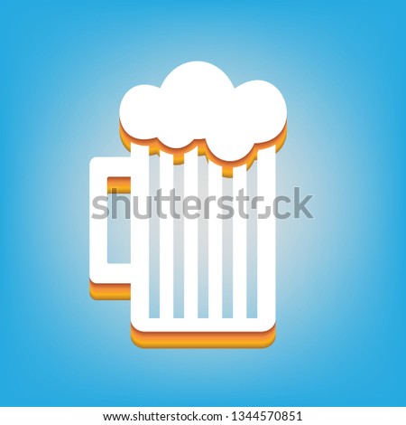 Glass of beer sign. Vector. White icon with 3d warm-colored gradient body at sky blue background.