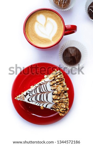 Picture of cakes on plates and coffee in cups on white background
