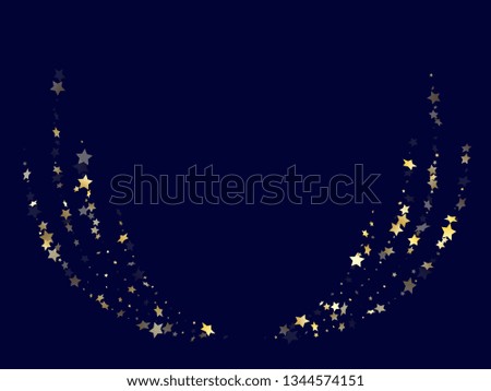 Gold gradient star dust sparkle vector background. Chaotic gold star sparkles dust elements on dark blue night sky vector illustration. New Year tinsels scatter flying pattern.