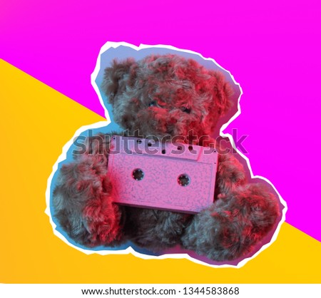 Zine style, pop art design. Creative collage teddy bear hold audio cassette  in red blue neon light. Top view. Retro style 80s