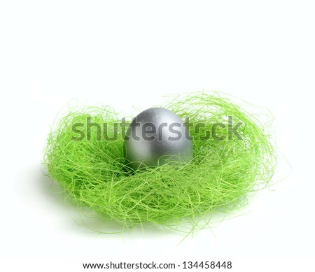Silver egg in green nest.isolated on white background
