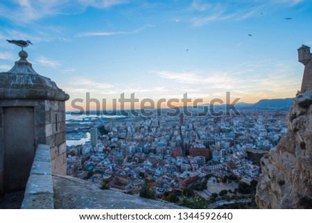 Valencia, Alicante Santa Barbara castle with panoramic aerial view at the famous touristic city in Costa Blanca, Spain