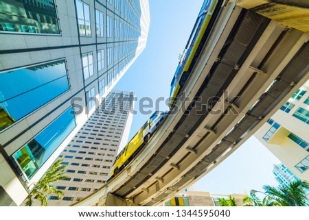 Monorail in downtown Miami seen from below. Southern Florida, USA