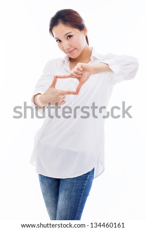 Young Asian woman taking photo isolated on white background.