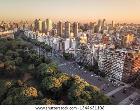 Aerial sunset views over the beautiful city of Buenos Aires, Argentina