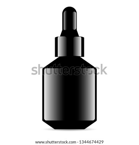 Black Glass Dropper Bottle. Luxury Medical Aroma Oil Vial. Serum Container Cylinder with Eye Drop. Vector Mock Up Isolated on White Background. Realistic Beauty Flask For Face Hygiene.