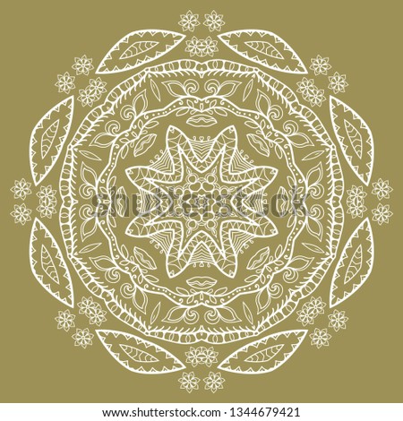 Hand drawn lace background. Mandala isolated design element, geometric line pattern. Stylized floral round ornament. Doodle art for textile fabric or paper print. Vector illustration
