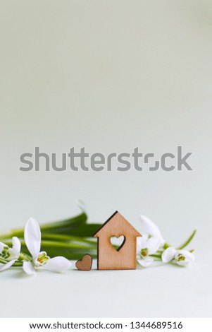 Closeup wooden house with hole in form of heart with tender white snowdrops flowers on light green background with copy space. Spring romantic composition. Concept of sweet home.