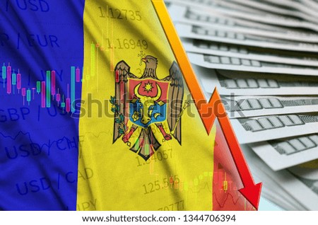 Moldova flag and chart falling US dollar position with a fan of dollar bills