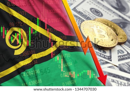Vanuatu flag and cryptocurrency falling trend with two bitcoins on dollar bills
