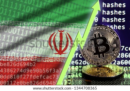 Iran flag and rising green arrow on bitcoin mining screen and two physical golden bitcoins