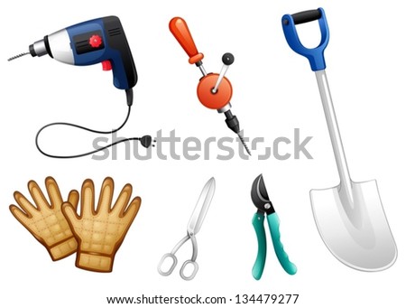 Illustration of the six different kinds of construction tools on a white background