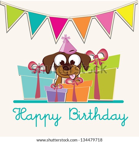 cute greeting card with presents and puppy