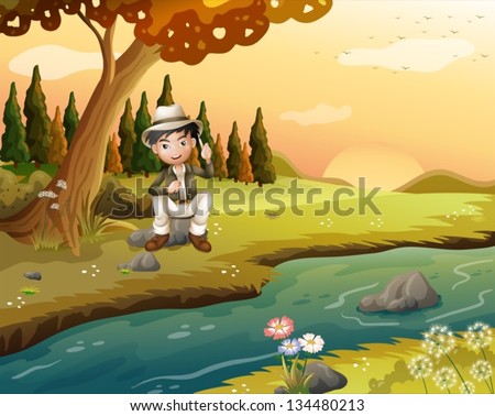 Illustration of a boy sitting near the riverbank