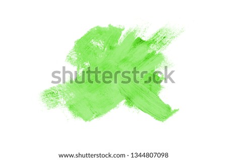 Smear and texture of lipstick or acrylic paint isolated on white background. Stroke of lipgloss or liquid nail polish swatch smudge sample. Element for beauty cosmetic design. Green color