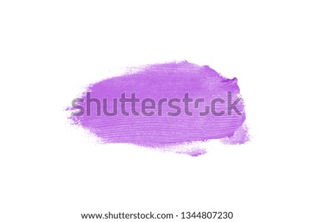 Smear and texture of lipstick or acrylic paint isolated on white background. Stroke of lipgloss or liquid nail polish swatch smudge sample. Element for beauty cosmetic design. Purple color